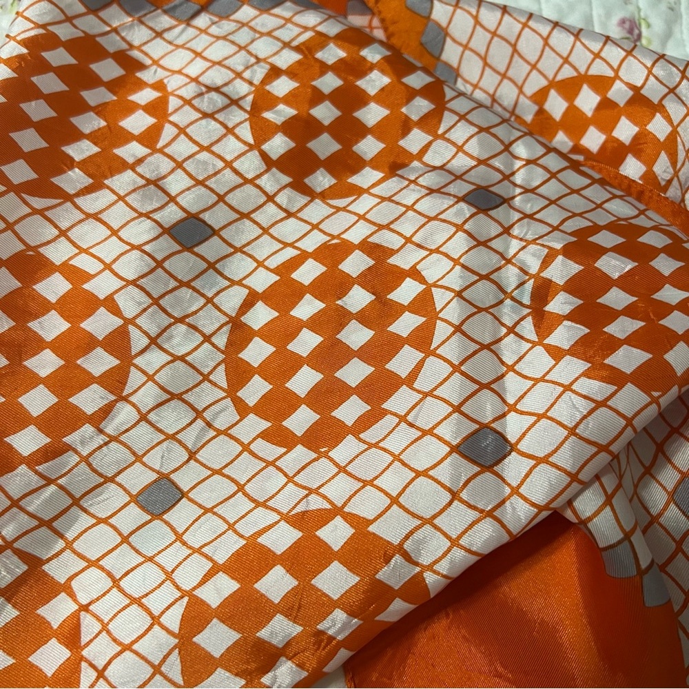 Orange And White Geometric Patterned Vintage Scarf - image 3